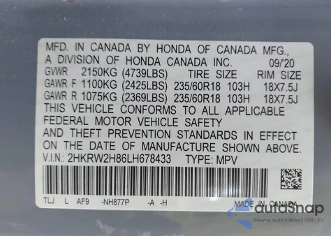 2020 Honda Cr-V Awd Ex-L из США, поврежденный, VIN 2HKRW2H86LH678433